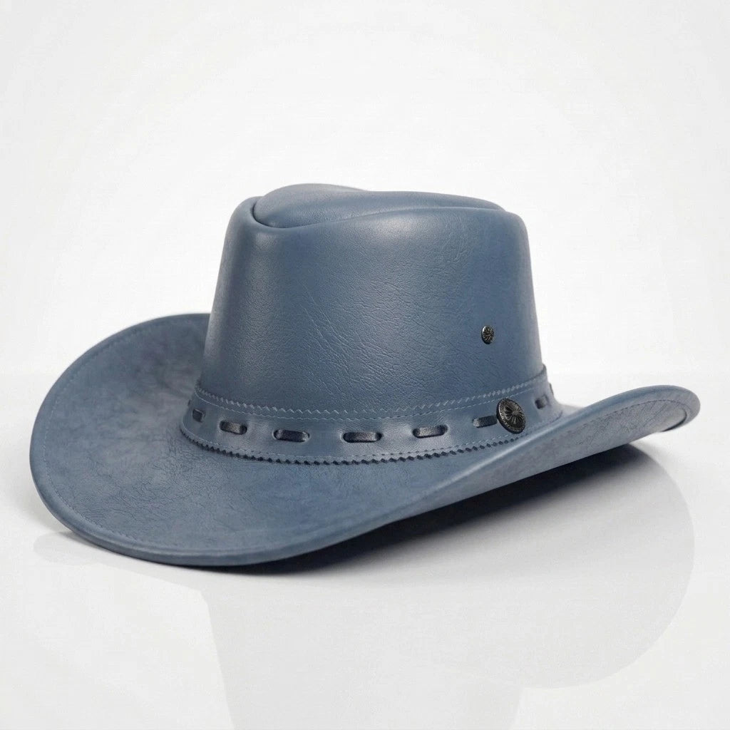 Handcrafted Leather Cowboy Hat  Heart Shape Crown  Luxury Blue Western Fedora