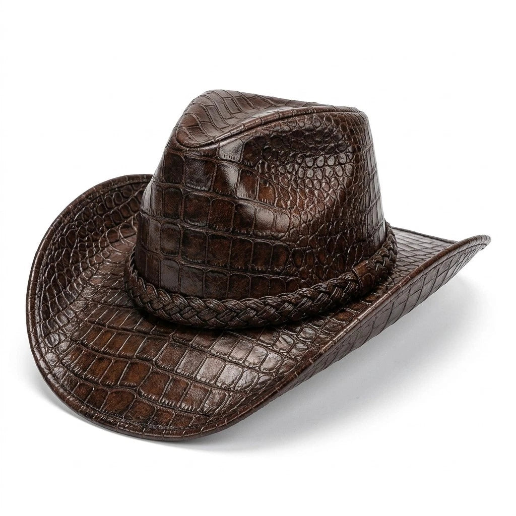 Brown Croc Embossed Leather Cowboy Hat Western Wide Brim Rodeo Ranch Country