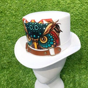 Handmade White Leather Top Hat with Owl Design  Statement Headwear