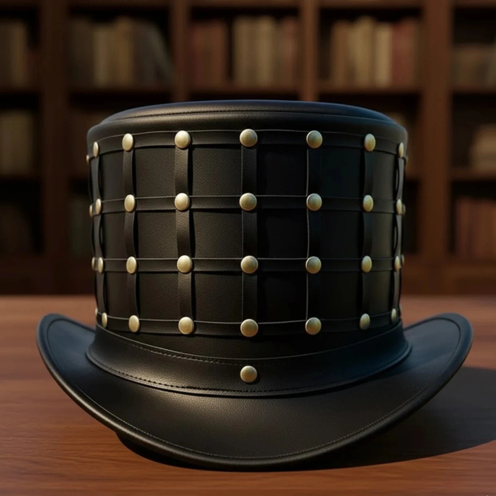 Black Genuine Leather Cage Top Hat Gothic Steampunk Punk Studded Rivet Handmade