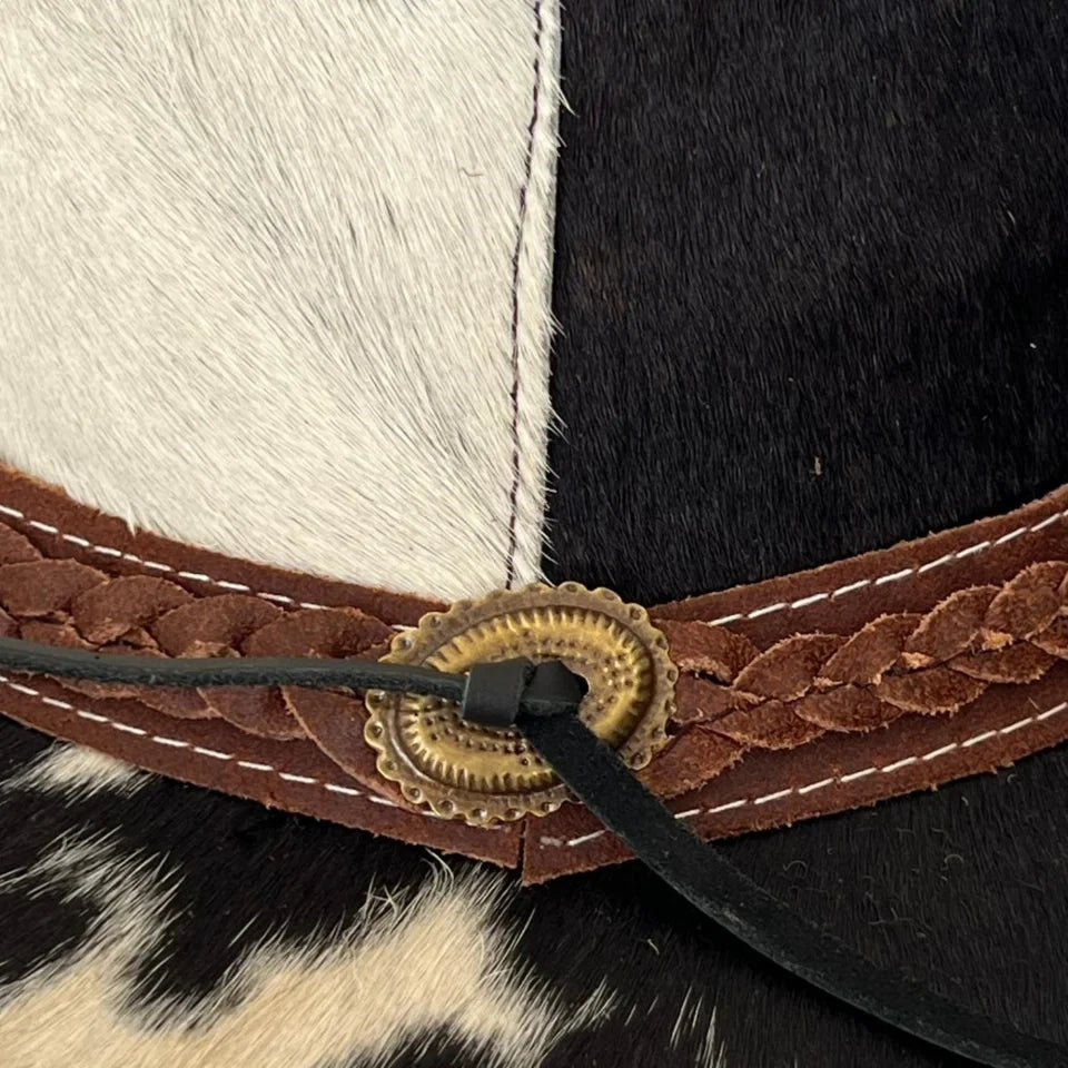 Mens Cowhide Leather Cowboy Hat Spotted Brown Braided Band Western Steampunk