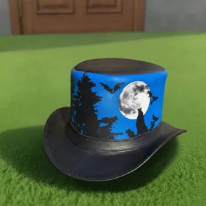 Handmade Leather Top Hat Gothic Steampunk Moon Forest Bats Design