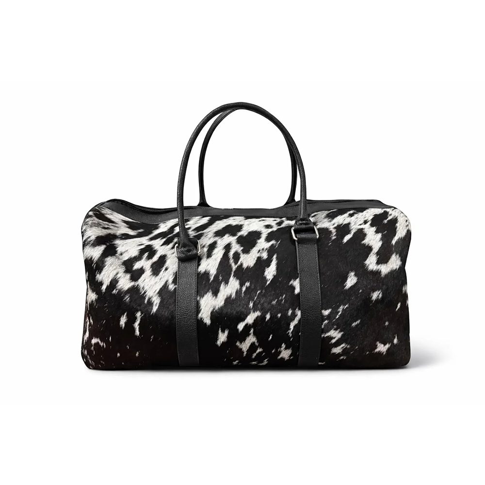 HairOn Cowhide Black and White Duffle Bag  Handmade Leather Weekender8