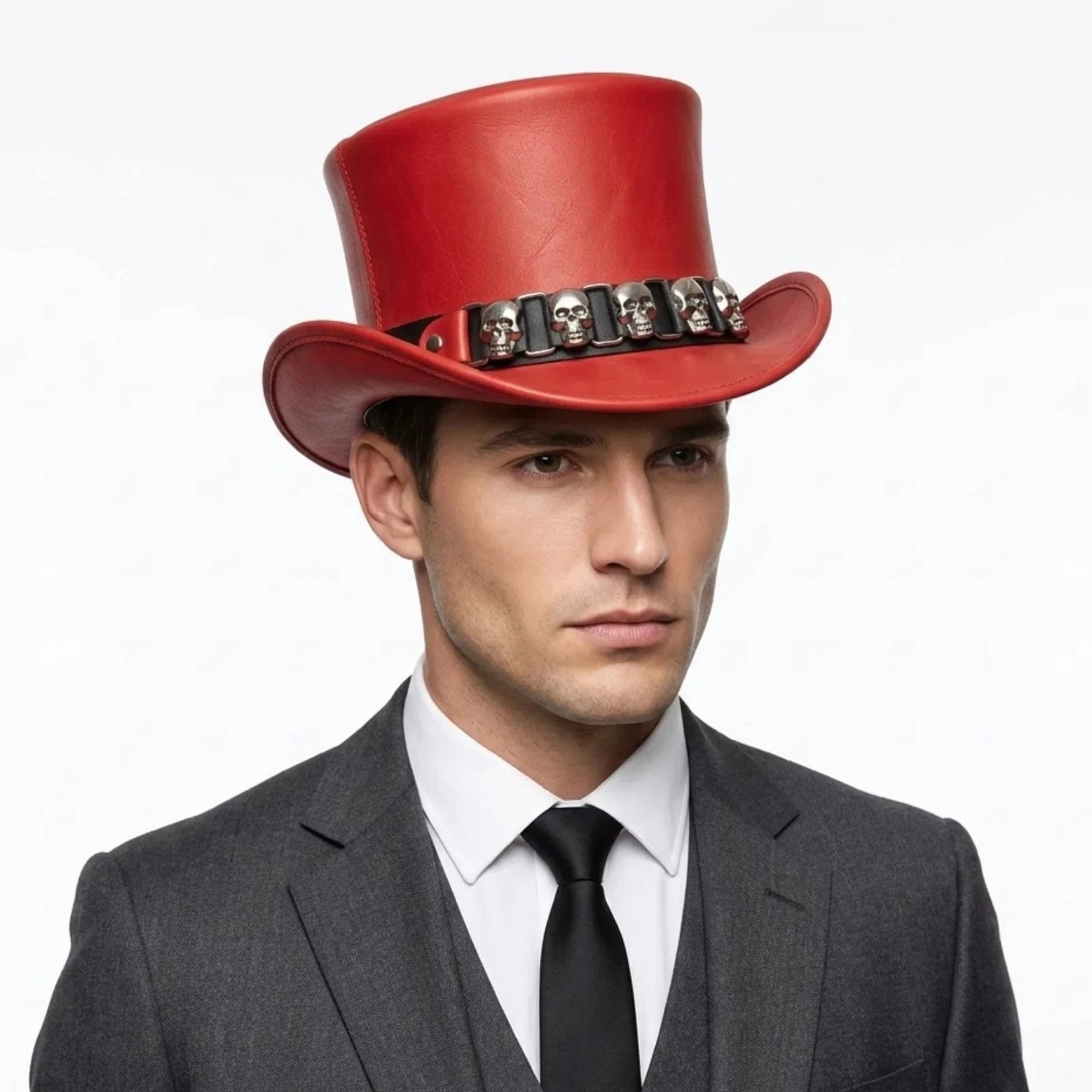 Premium Genuine Leather Top Hat Red Skull Band Gothic Steampunk Costume
