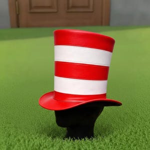 Handmade Red White Striped Tall Top Hat Leather Festival Costume Statement Hat
