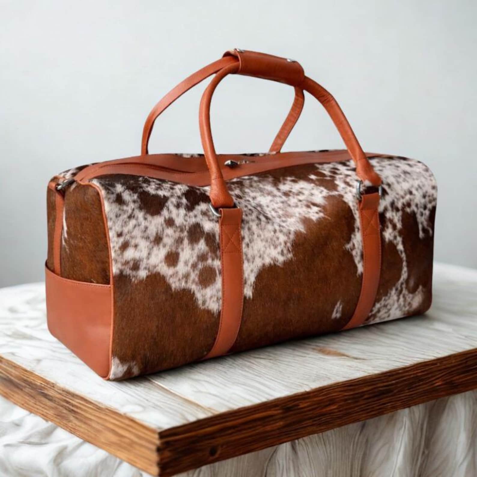 Tan  White Hair On Cowhide Duffel Bag  Handmade Leather Weekender