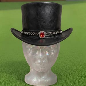 Handmade Black Leather Top Hat Gothic Steampunk Red Gem Chain Hat Festival Biker Costume