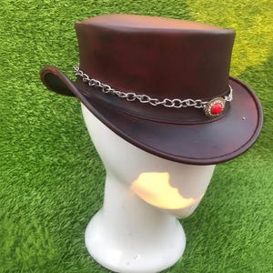 Handmade Genuine Leather Steampunk Top Hat Gothic Chain Band Victorian Western Costume