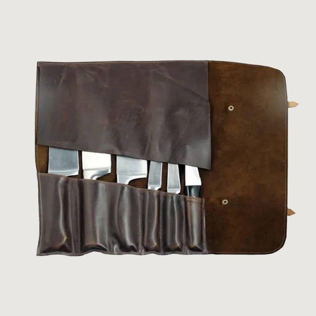 Lightweight Dark Brown Leather Knife Roll for Chef