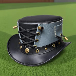 Handmade Steampunk Top Hat Black Grey Leather Lace Up Gothic Festival Gift