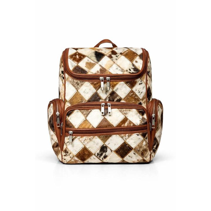 Handmade Cowhide Hairon Backpack  Diamond Patchwork Leather Rucksack.