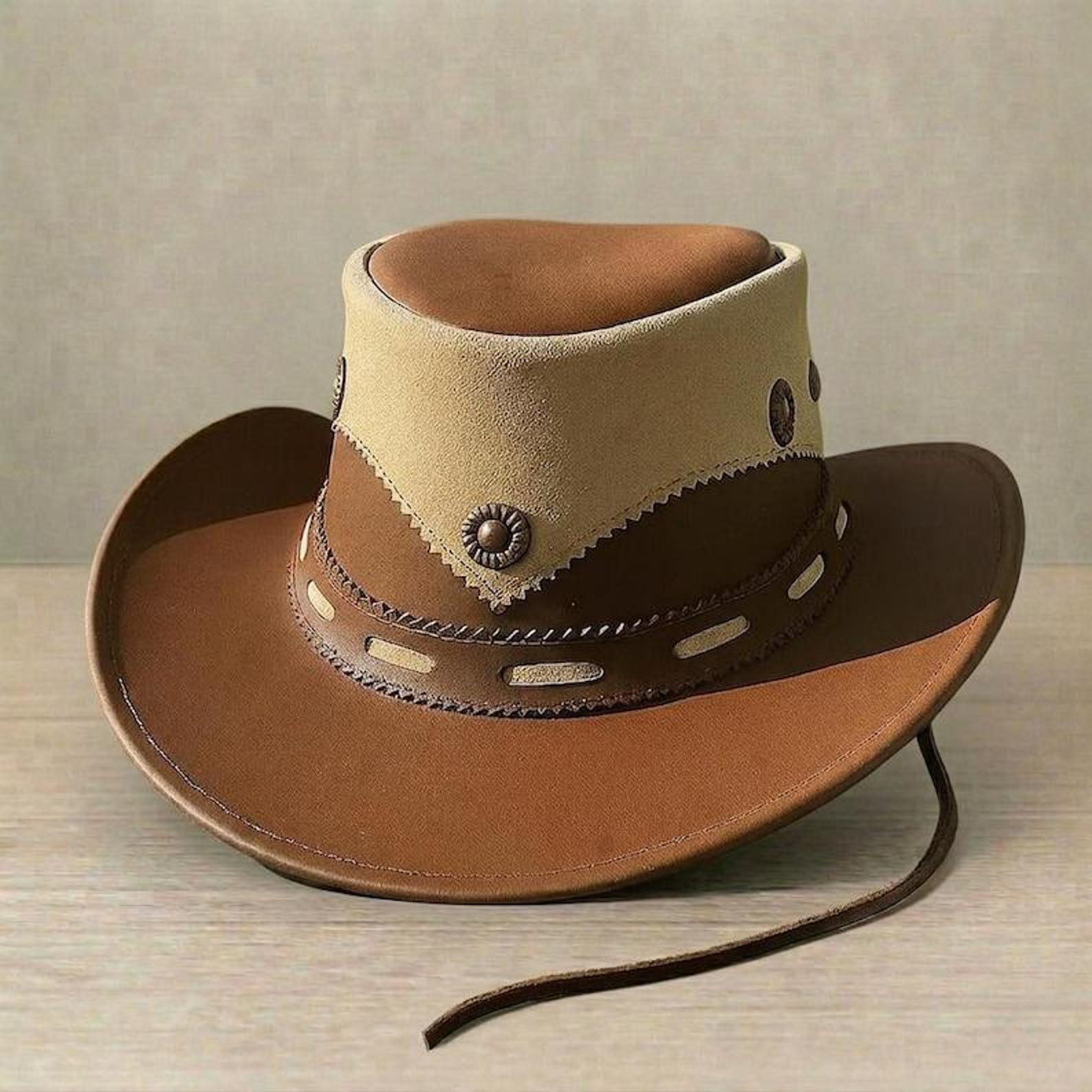 Handmade tan brown leather cowboy hat western style stitched trim festival wear