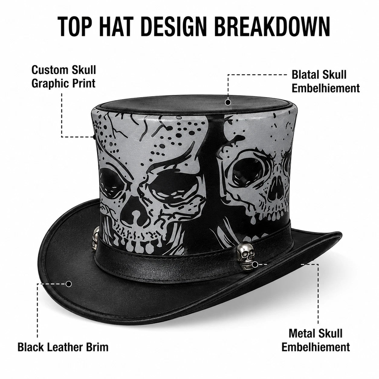 Black Genuine Leather Skull Top Hat Silver Gothic Steampunk WesternCowboy Unisex