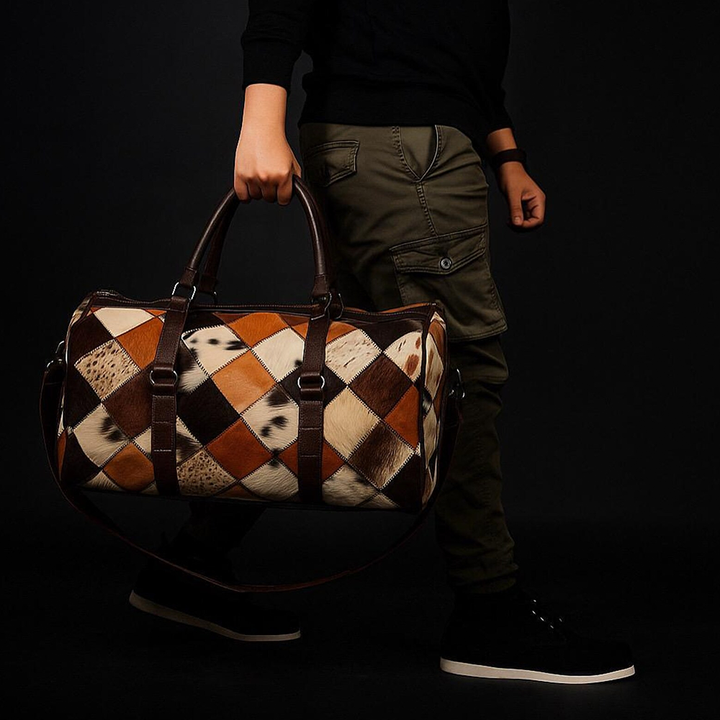Rustic Cowhide Duffle Bag Hair-on Leather Patchwork Travel Bag