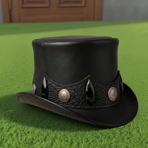 Handmade Black Leather Top Hat Gothic Steampunk Teardrop Band Festival Statement Style