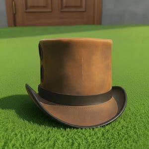 Handmade Brown Leather Steampunk Top Hat for Cosplay Costume Events