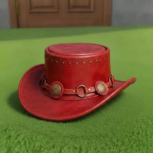 Handmade Red Leather Top Hat Steampunk Gothic Western Cosplay Costume