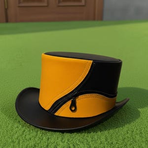 Handmade Yellow Black Zip Leather Top Hat Steampunk Cosplay Festival Costume Style