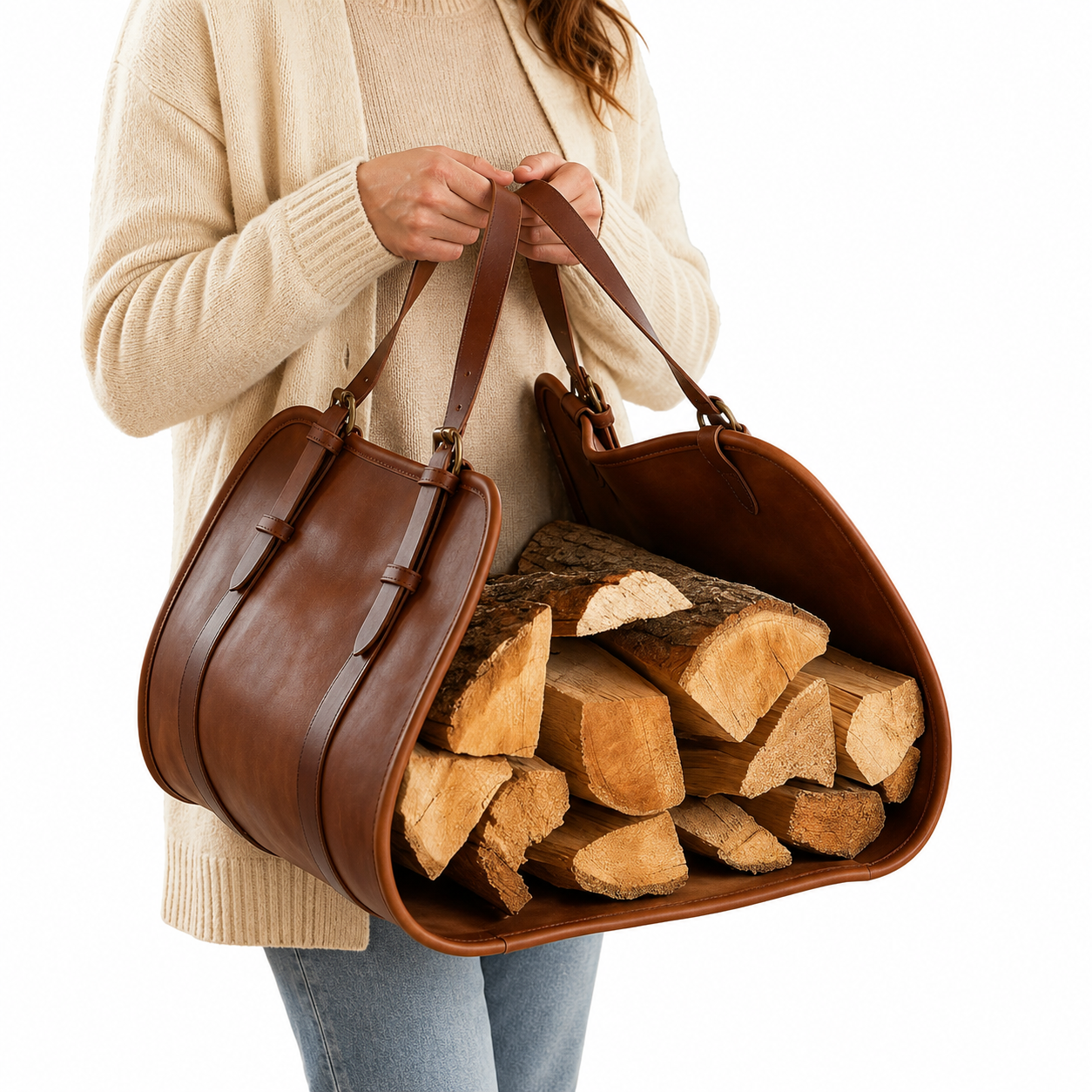 Leather Log Carrier, Personalized Firewood Carrier Bag, Handmade Genuine Leather Wood Tote, Fireplace Log Holder, Hearth Storage Gift