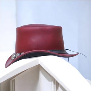 Handmade Red Leather Steampunk Top Hat Skull Band Gothic Festival Hat