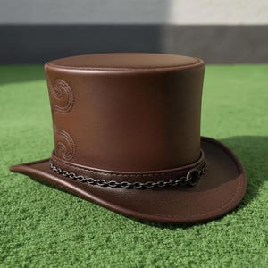 Handmade Brown Leather Top Hat Embossed Chain Band Gothic Steampunk Cosplay