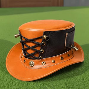 Handmade Orange Black Leather Top Hat with Corset Gothic Steampunk cosplay