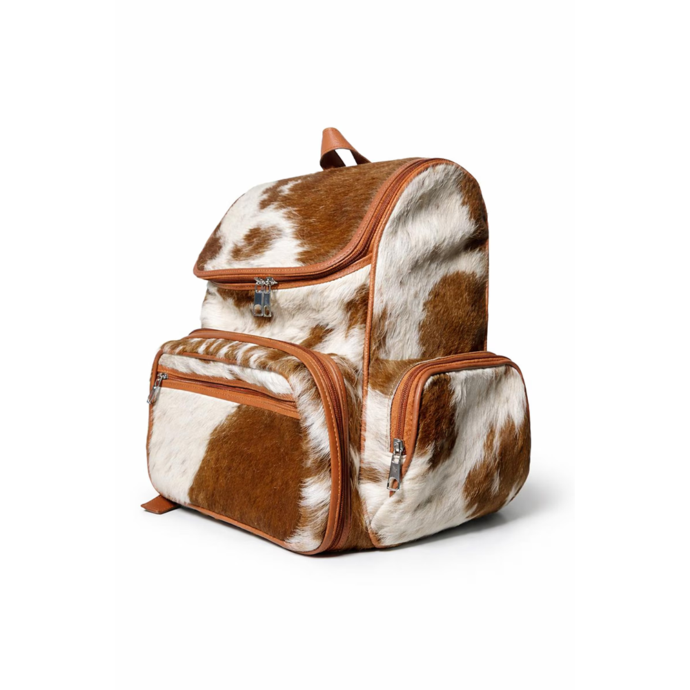 Handmade Genuine Cowhide Backpack  Tan & White Spotted Leather Backpack  Large Western Rucksack with Pockets
