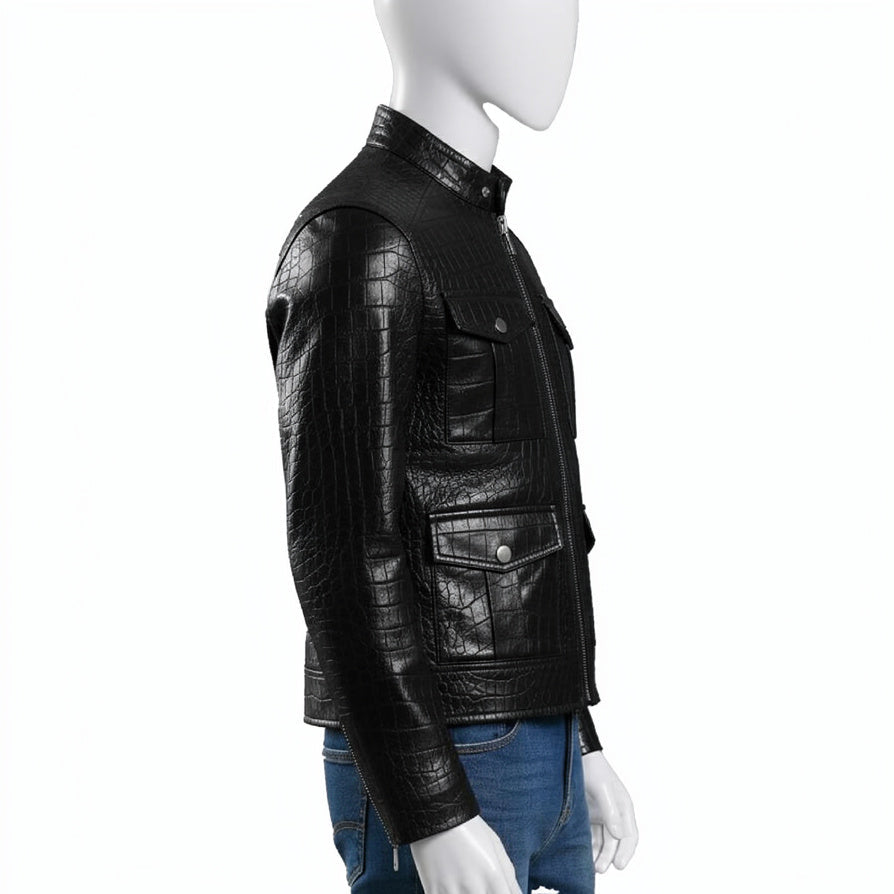 Black Crocodile Pattern Leather Jacket For Men  Genuine Leather Zip Up Biker Style Jackets