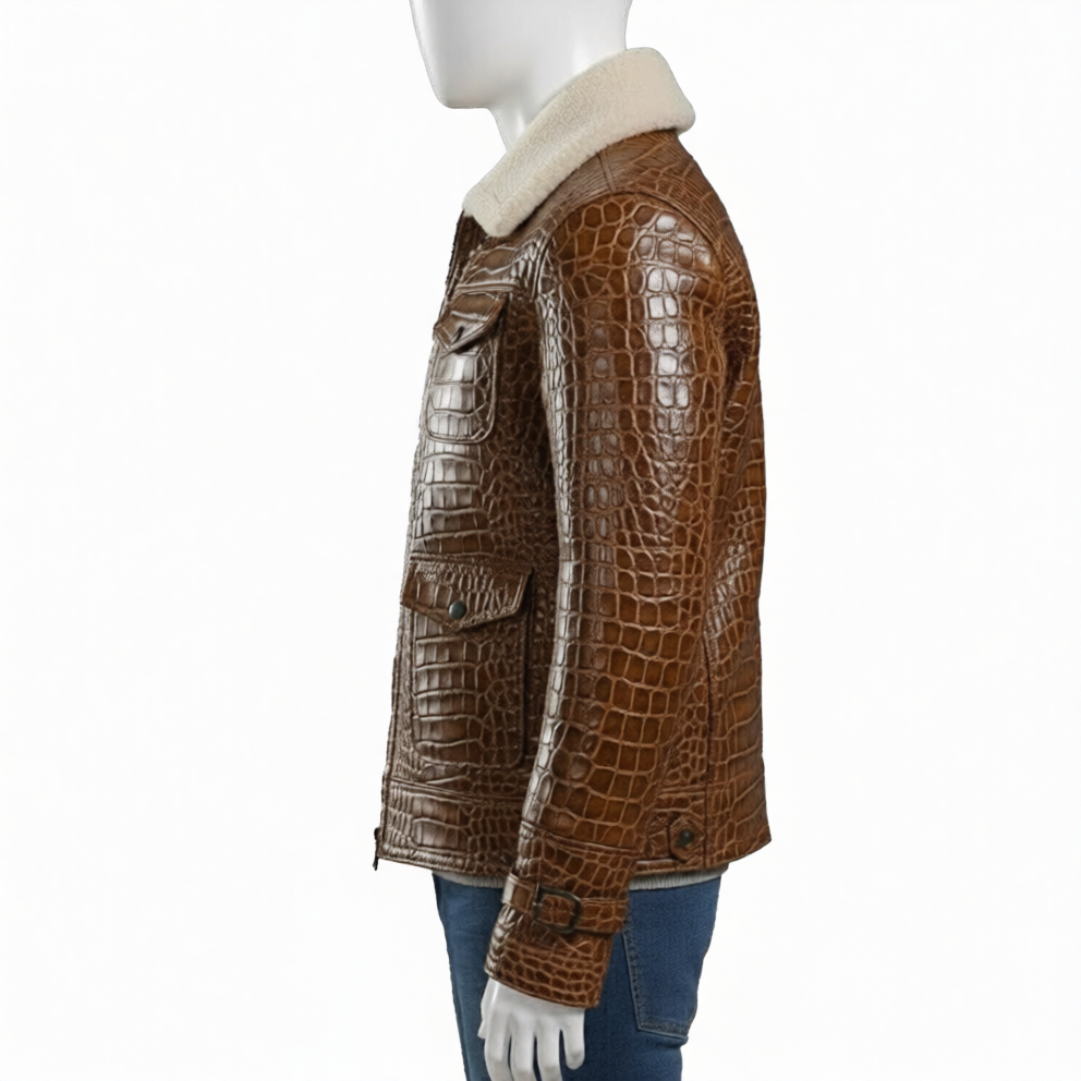 Brown Textured Leather Jacket Mens Winter Coat with Shearling Collar