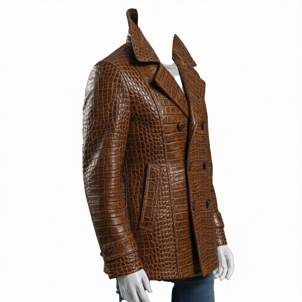Embossed Brown Leather Coat  Mens Double Breasted Jacket