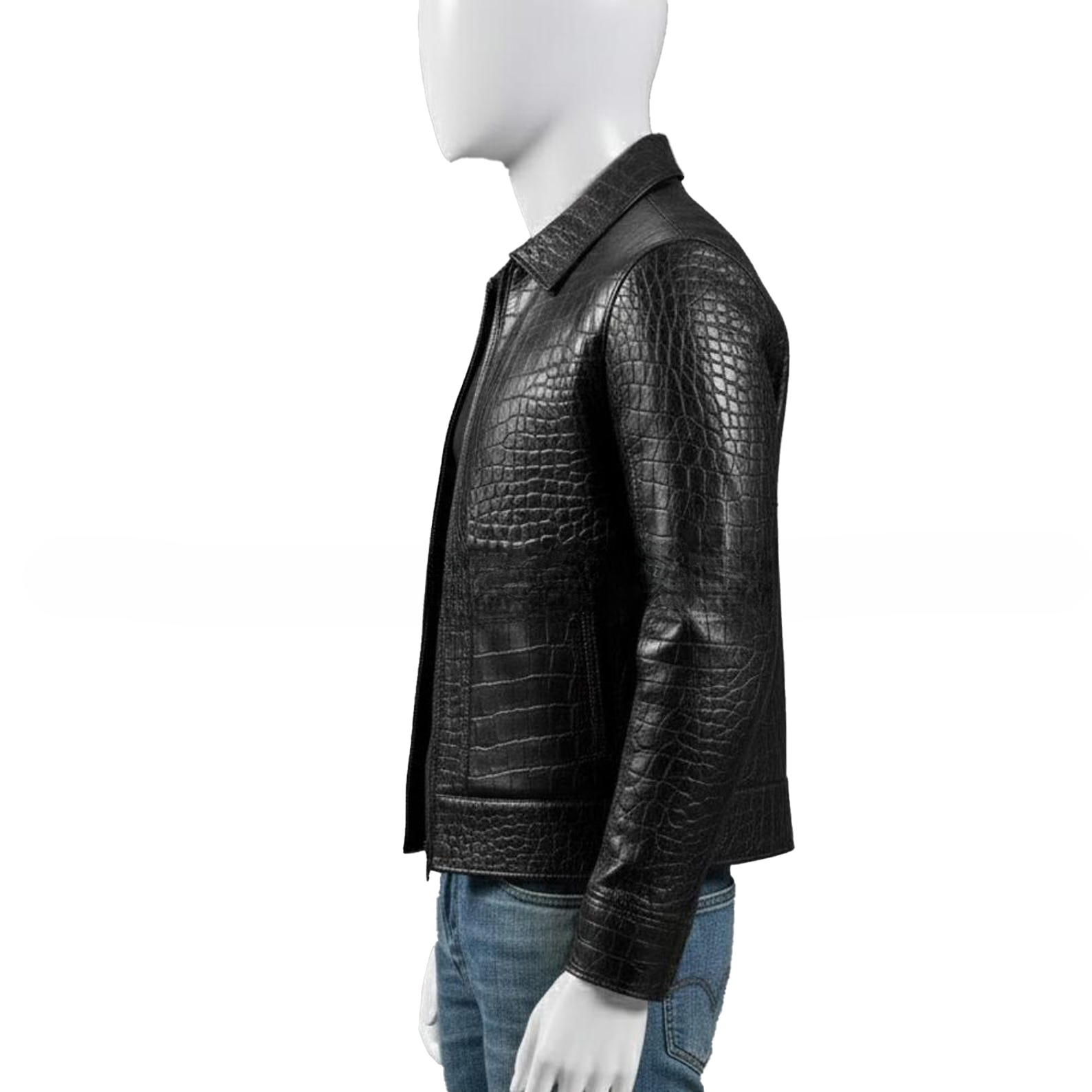 Mens Black Crocodile Embossed Genuine Leather Jacket  Slim Fit