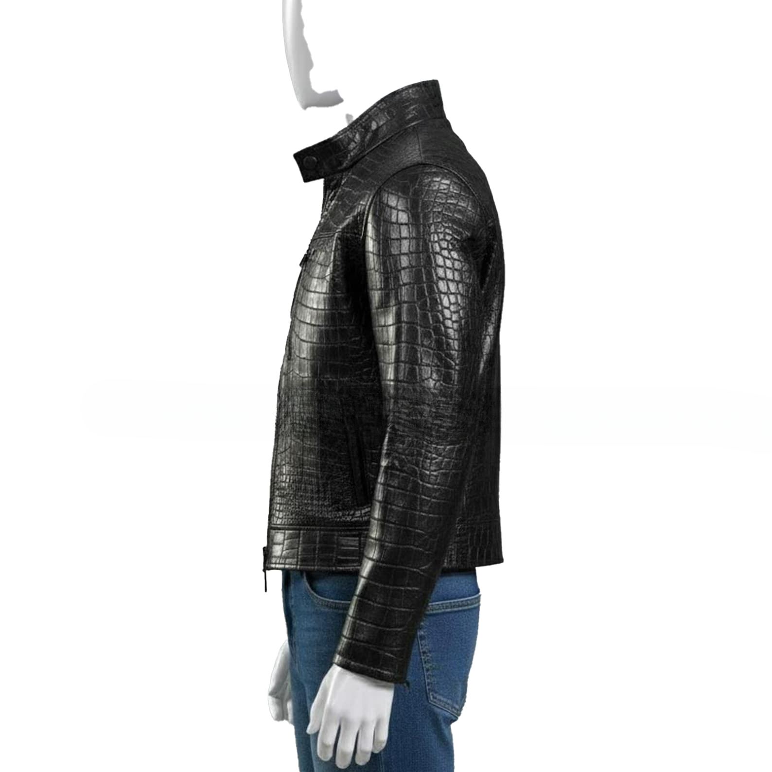 Mens Black Croc Embossed Genuine Leather Trucker Jacket