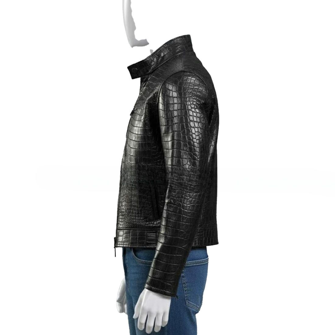 Mens Black Croc Embossed Genuine Leather Trucker Jacket