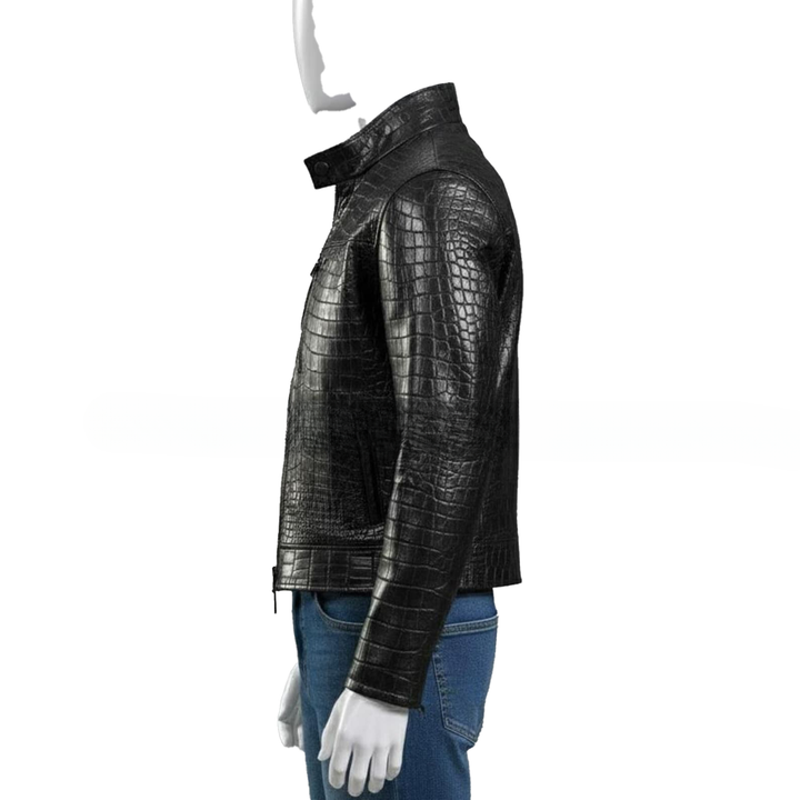 Mens Black Croc Embossed Genuine Leather Trucker Jacket