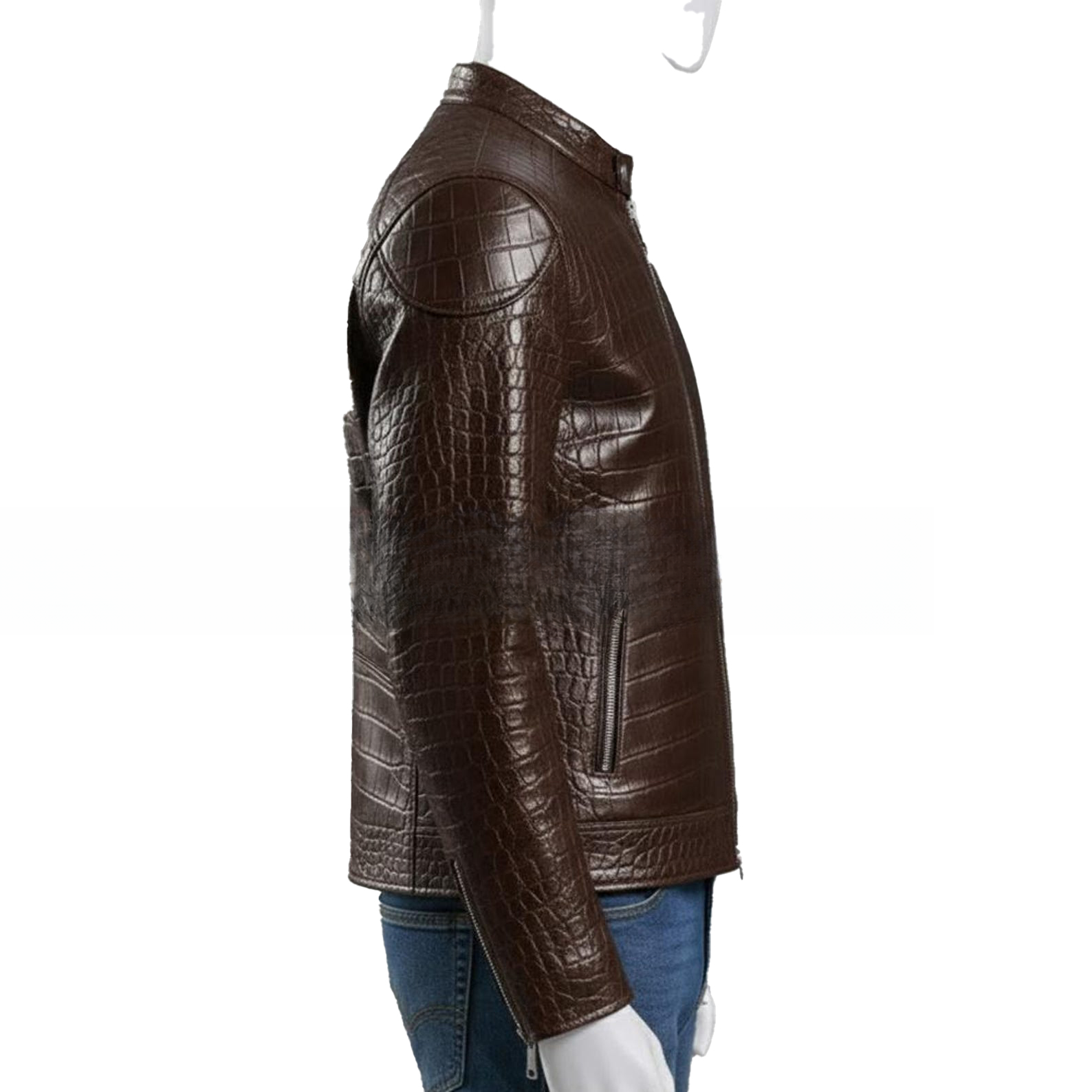 Embossed Genuine Leather Motorcycle Jacket  Slim Fit Aviator Coat