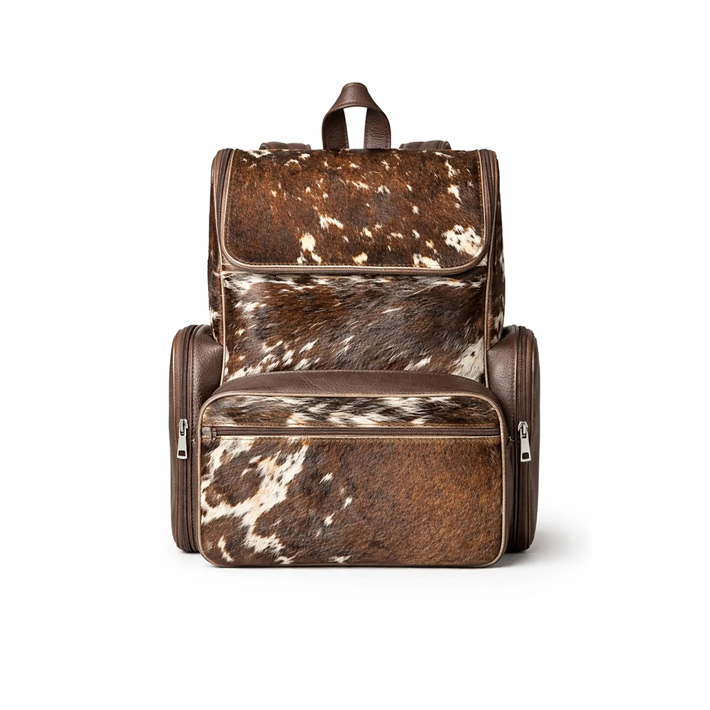 andmade Genuine Cowhide Backpack  Brown & White Spotted Leather Backpack  Large Western