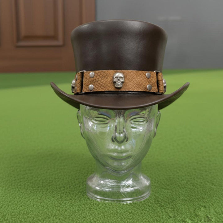 Handmade Brown Leather Skull Top Hat  Steampunk Gothic Biker Festival Style