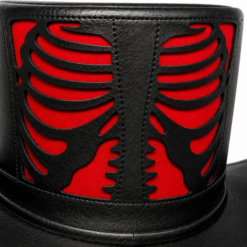 Black Red Leather Skeleton Rib Cage Top Hat Gothic Steampunk Biker Costum