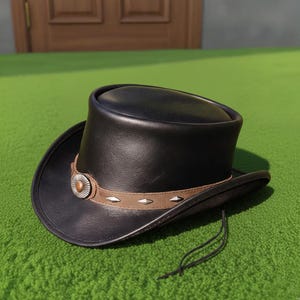 Handcrafted Black Leather Top Hat with Brown Band Western Steampunk Gothic Festival Wear