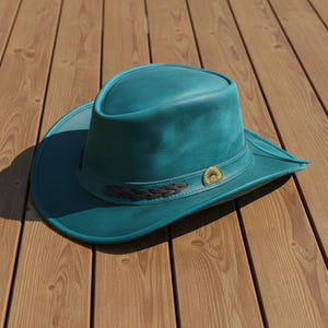 Handmade Teal blue Leather Cowboy Hat Western Steampunk Festival Style