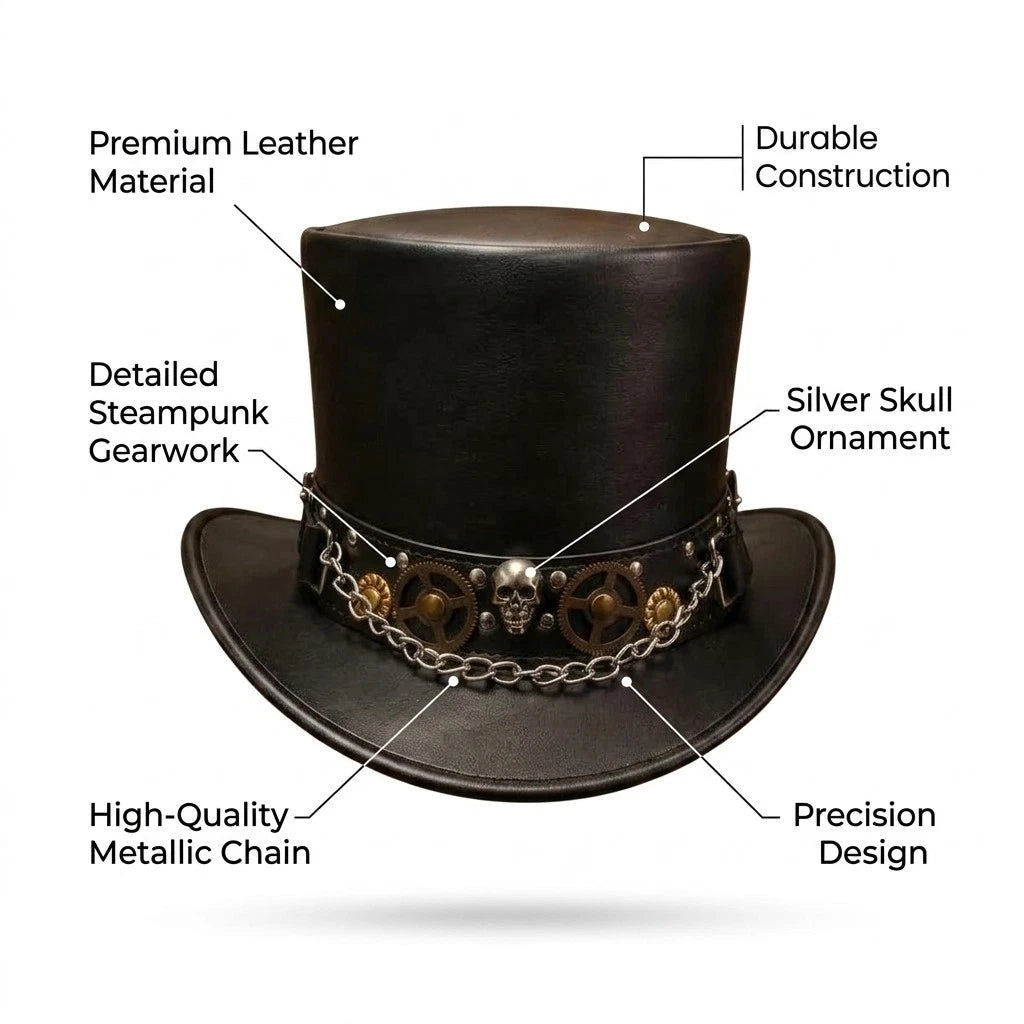 Black Steampunk Gothic Top Hat Mens Womens Victorian Gear Skull Chain Costume