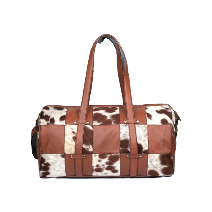 Handmade Cowhide Patchwork Duffle Bag Western Style Leather Travel Bag