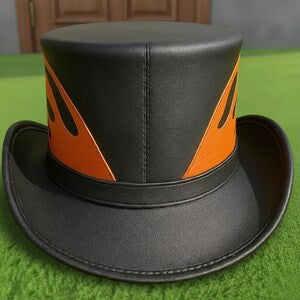 Handmade Leather Black Top Hat with Orange Flame Skull Biker Steampunk Gothic