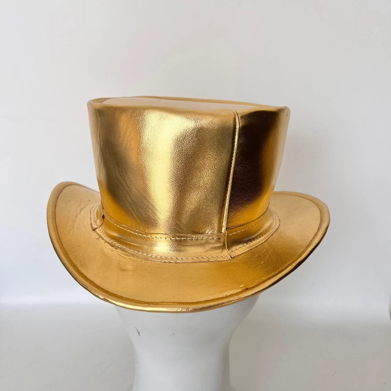 Gold Leather Top Hat with Feather  Handmade Steampunk Victorian Costume Hat