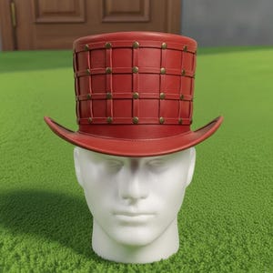 Handmade Red Steampunk Top Hat Gothic Victorian Leather Festival Hat