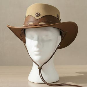 Handmade tan brown leather cowboy hat western style stitched trim festival wear