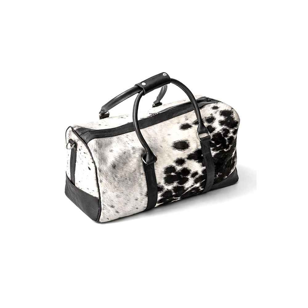 HairOn Cowhide Black and White Duffle Bag  Handmade Leather Weekender4