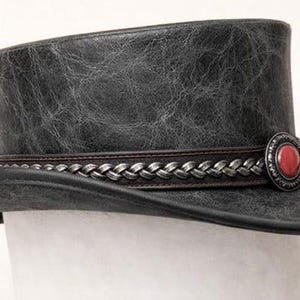 Distressed Leather Top Hat with Chain Band and Red Stone Accent  Unisex Handmade Headwear
