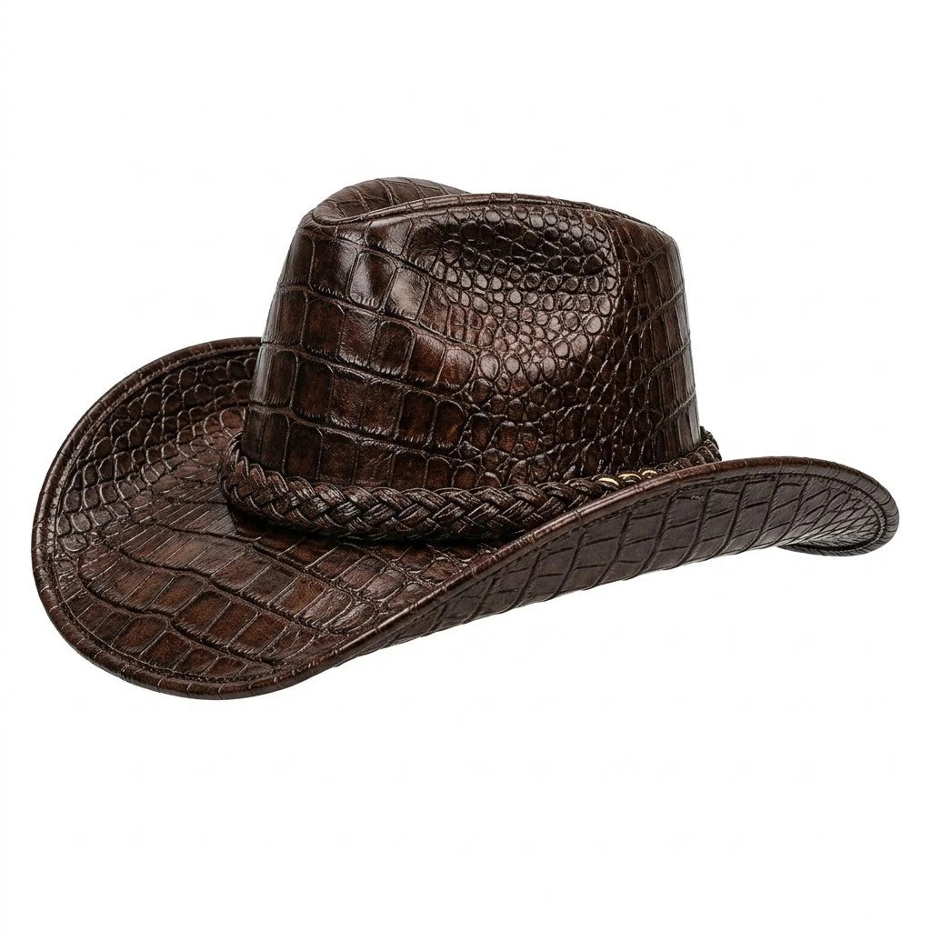 Brown Croc Embossed Leather Cowboy Hat Western Wide Brim Rodeo Ranch Country