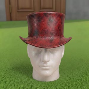 Handmade Red Distressed Leather Top Hat Steampunk Gothic Victorian Cosplay Hat